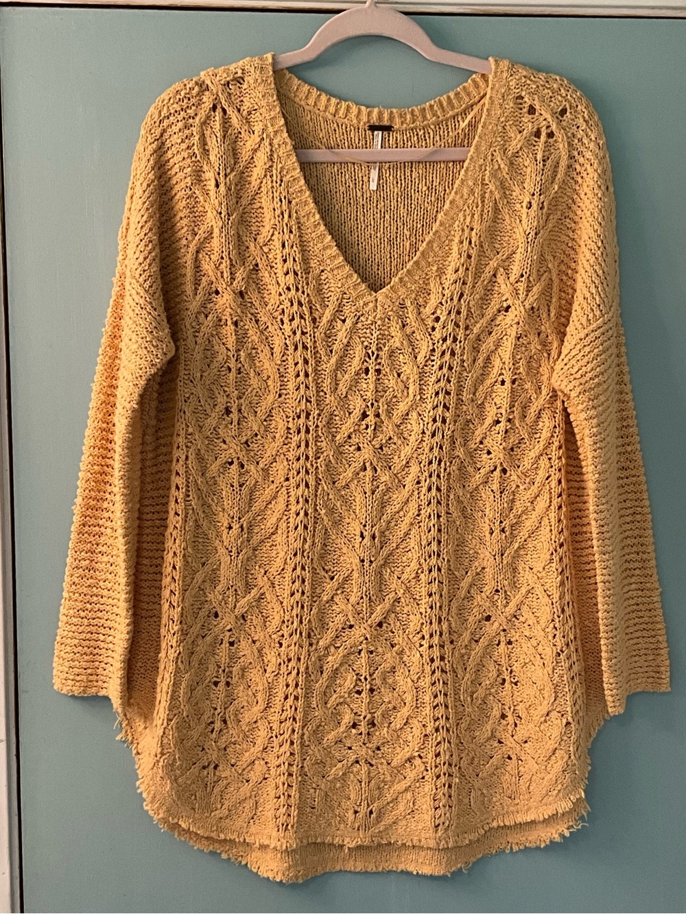 NWOT Free People Gold V-Neck Cable Knit Sweater